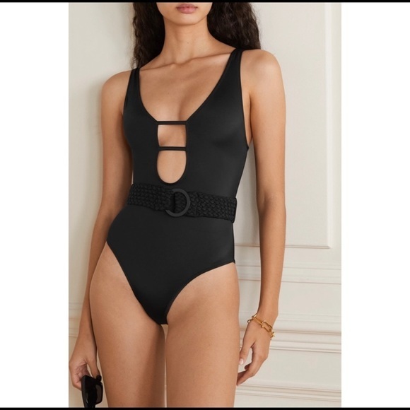 NWT Solid & Striped Black Belted One Piece Swimsuit - Picture 1 of 10